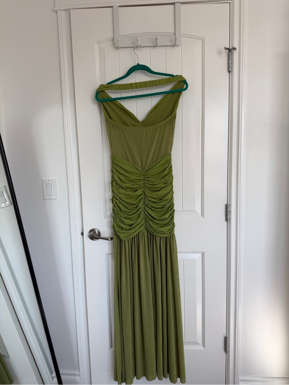 Off-Shoulder Olive Green Ruched Maxi Dress with High Slit - Picture 5 of 5